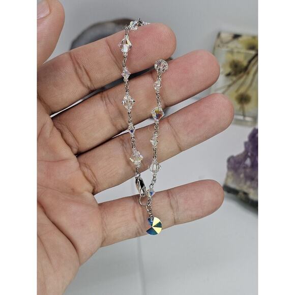 925 Sterling Silver & Iridescent Glass Bead Bracelet SZ 7.5 - Picture 2 of 5